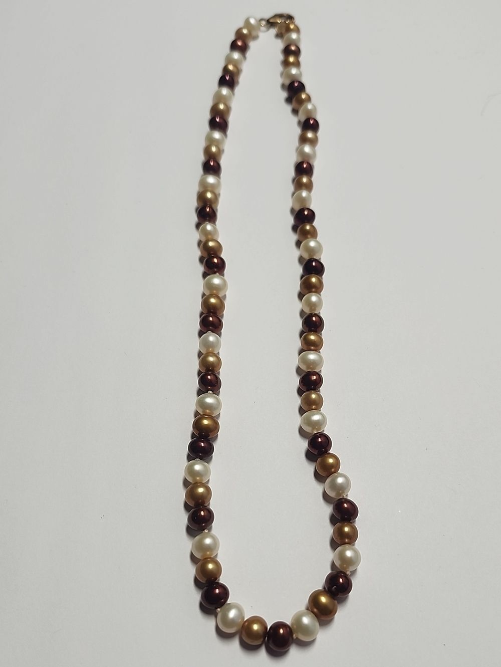 Gold Over Sterling Clasp Real Pearl Classic Necklace in White, Brown, and Gold
